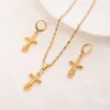 9 k Fine jaune THAI BAHT G/F or massif jésus croix pendentif colliers boucles d'oreilles ensembles femmes hiéroglyphes charme bijoux