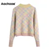 O Neck Plaid Women Long Sleeve Casual Warm Knitted Tops Ladies Elegant Pullover Sweater Jumper Jersey Mujer 210413