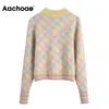 O Neck Plaid Kobiety z długim rękawem Casual Ciepłe Dzianiny Topy Ladies Elegancki Sweter Sweter Jumper Jersey Mujer 210413