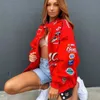 Frauen Herbst Mantel Jacke Rot Gedruckt Casual Langarm Übergroßen s Sport Stil Polyester Bomber Vintage 211025