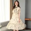 Chiffon High Elastic Waist Elegant Ruffles Bow A-line Women Short Flare Sleeve Flower Print Floral Summer Dress Vestidos 210416