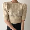 Koreanische Frühlings-elegante Damen-O-Ausschnitt-Oberteile, vorsichtige Maschinenleckage, hohles Leinenmuster, kurzärmelige Strickpullover für Damen 210508