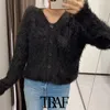 TRAF femmes mode doux au toucher fausse fourrure tricoté Cardigan pull Vintage à manches longues boutonné femme survêtement Chic haut 210415