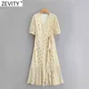 Kvinnor Vintage Cross V Neck Polka Dots Gilding Bow Slips Midi Dress Femme Chic Puff Sleeve Sommar Wrap Kimono Vestido DS8170 210420