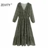 Zevity Women Vintage Vネックポルカドットプリントカジュアルシフォンミディドレス女性3四半期スリーブVestidosシックドレスDS4357 210603