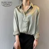 Vintage blouse vrouwen mode knop omhoog satijnen zijde shirt herfst lange mouw wit shirts tops dame chic koreaans kantoor shirt 11355 210527