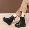 Femmes Botkle Boots Chaussures Real Leather Platform Talons Wedge Short Lace Up Zipper Lady Autumn Winter Noir 410517