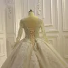 2022 luxe champagne robe de bal robes de mariée col en V dentelle appliques perles de cristal manches longues corset dos robes de mariée sur mesure robe de mariée cathédrale train