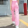 Femmes taille haute taille élastique à carreaux pantalons droits joggers pour femmes pantalons roses 210520