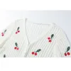 Летние женщины с длинным рукавом вязаные свитера Корейский винтаж прекрасный розовый белый вишня вышивка вязание кардиган для женщин 210515