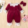 2-delige baby mooie fleece kant jumpsuit en hoofdband set 210528