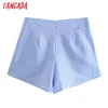 Tangada Summer Women Elegant Blue Plaid Skirt Shorts Back Zipper Pockets Beach Shorts Pantalones JE69 210609