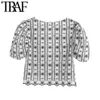 Traf女性甘いファッションのマッチング刺繍トリミングブラウスヴィンテージVネックパフスリーブ女性シャツBlusasシックなトップス210415