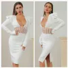 Gratis Höst Kvinnors Vit Sexig Bandage Klänning V-Neck Puff Sleeve Bodycon Mesh Patchwork Club Party 210524