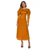 Retro Golden Party Dress Thick Satin Puff Long Sleeve Empire A Line Ropa Mujer Ladies Christmas Dresses Robe Femme Spring 210527