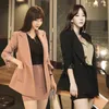 Autumn Solid Color Black Pink Suits 2 Pieces Set Women's Notched Neck Blazer Coat+Short Pencil Skirt OL Work Wear Clothes 210529