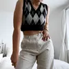 Vintage 90s Argyle Cropped Knit Sweater Vest Women Sleeveless Casual Striped Pullovers Y2K Top Knitwear Jumper Streetwear 210510