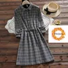 Mori Kız Sonbahar Kış Elbise Turn Aşağı Yaka Kadın Uzun Kollu İpli Bel Ekose Bağbozumu Elbiseler 7 Renkler Kadın Vestidos 210520