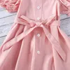 Vestidos de niña Vestido dulce para niñas pequeñas Rosa Sólido Manga farol Longitud media Cinturón de lazo plisado Cuello de barco Vendaje Princesa Niña