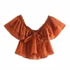 Vuwwyv Orange Ruffle Crop Womens Topp sommar mode av axelblusar Kvinna Kortärmad Elastiska midjebandstoppar Knot 210430