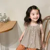 Girls korean style cotton sleeveless shirts summer children plaid lace patchwork suspenders Tops 210615