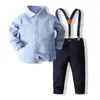 Conjunto de roupas para bebês meninos, cavalheiro, camisa de algodão de manga comprida com suspensório e calça, conjunto de 2 peças