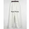 Pantalones blancos no transparentes para mujeres de cintura alta con cremallera bolsillo grande tamaño grande largo pierna ancha pantalones azul marino 210925