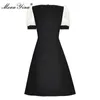 Sommar Mode Runway Black Mini Dress Women's Splicing Puff Sleeve Beading High Waist Short Party Vestidos 210524