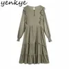 Spring Women Vintage Army Green Floral Embroidery Dress Female Long Sleeve O Neck Ruffle Casual Pleated Vestido 210514