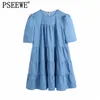 Sommar blå denim korta klänningar kvinnor avslappnad sundress mode ruffle puff ärm chic kvinna klänning girly 210519