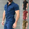 New Cotton Blends Jumpsuit Mens Overalls Casual Notched Short Sleeve Rompers Solid Color Overall Zipper Romper Pocket Trousers X0621