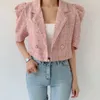 Korean Vintage Tweed Tops Summer Elegant Notched Collar Ladies Puff Sleeve Short Chic Jackets Coat 210519