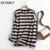AOMO Women High Quality Striped Print Sweatshirts Oversize Long Sleeve O Neck Loose Pullovers Female Tops 6D42A 211108