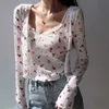 Womengaga fransk flicka spets blommig v-hals camisole toppar tank + blomma tryck strip långärmad cardigan topp shirt blouse l1v 210603