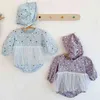 Spädbarn Baby Girls Bubble Sleeve Printing Rompers och Hat Kläder Vår Höst Kids Girl Lång Kläder 210521