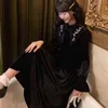 Francuski aksamitny czarny z długim rękawem Sukienka Vintage Haft Kobiety Midi Ciepłe Sukienka Spadek Koreański Jednoczęściowy Kobieta Wedding Party Dress G1214