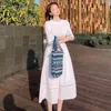 Ankunft Damen Weiß Casual Mid-Länge Sommer Kleid Robe Weibliche Kurzarm Hohe Taille Lose Urlaub Lange 210520