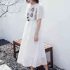 White O-neck Bow Floral Embroidery Indie Folk Dress Flare Short Sleeve Empire Beach Summer Holiday Midi D2439 210514