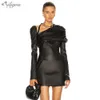 Mesdames d'été Haute Qualité Black Sexy Manches longues Mode Collier asymétrique PU en cuir Mini style drapé robe 210527