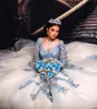 White and Light Blue Lace Quinceanera Dresses V neck Juliet Long Illusion Sleeves Ball Gowns Tulle Mexican Vestido De 15 Anos Prom Formal Dress