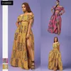 Isarose Lady 2 Pieces Set Sexig High Slit African Maxi Dress Set för Kvinnor Slash Neck Puff Sleeve Rich Bazin Party Club Wear 210422