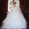 White Tulle Ball Gown Wedding Dresses with Illusion Long Sleeves Off Shoulder Lace Appliques Train Bridal Gowns Vestidos De Novia 2022