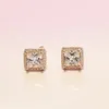 Charm 925 Sterling Silver Square Big CZ Diamond Earring Fit Pandora Jewelry Gold Rose Go-ld Plated Stud Earrings Women Ear rings