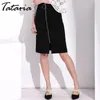 TATARIA Mid Skirts For Women Plus Size High Waisted Skirt Womens Summer Zipper Knee-Length Saia De Couro Black Female 210514