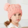 1-6 Years Old Children's Wool Hat Twist Woven Cute Double Ball Cap Simple Solid Color Knitted Thick Winter Warm Children's Hat Y21111