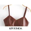 KPYTOMOA Women Sexy Fashion Faux Leather Cropped Tank Top Vintage Backless Side Zipper Thin Straps Female Camis Chic Tops 210616