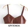 KPYTOMOA Femmes Sexy Mode Faux Cuir Recadrée Débardeur Vintage Dos Nu Côté Fermeture À Glissière Fines Bretelles Femme Camis Chic Tops 210616