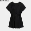 Mujeres negro retro cintura alta sólido mini vestido una línea chic popelín corto escote en v mangas cortas 210520