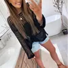 Women's Swimwear Casual Top Autumn And Winter Sweater Hollow Fishnet Sexy Beachwear Blouse Short Front Long Slit Sunscreen Shirt