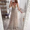 Affogatoo Sexy V Neck Backless Lato Różowe Dres Elegancki Koronki Wieczór Maxi Es Kobiet Wakacje Długie Party Panie 210623